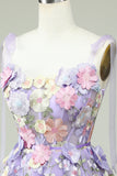 A Line Spaghetti Straps Purple Corset Short Formal Dress with 3D Flowers