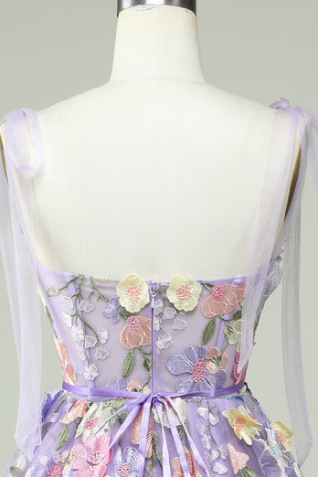 A Line Spaghetti Straps Purple Corset Short Formal Dress with 3D Flowers