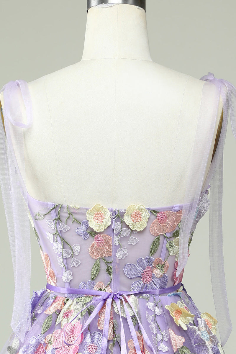 Load image into Gallery viewer, A Line Spaghetti Straps Purple Corset Short Formal Dress with 3D Flowers
