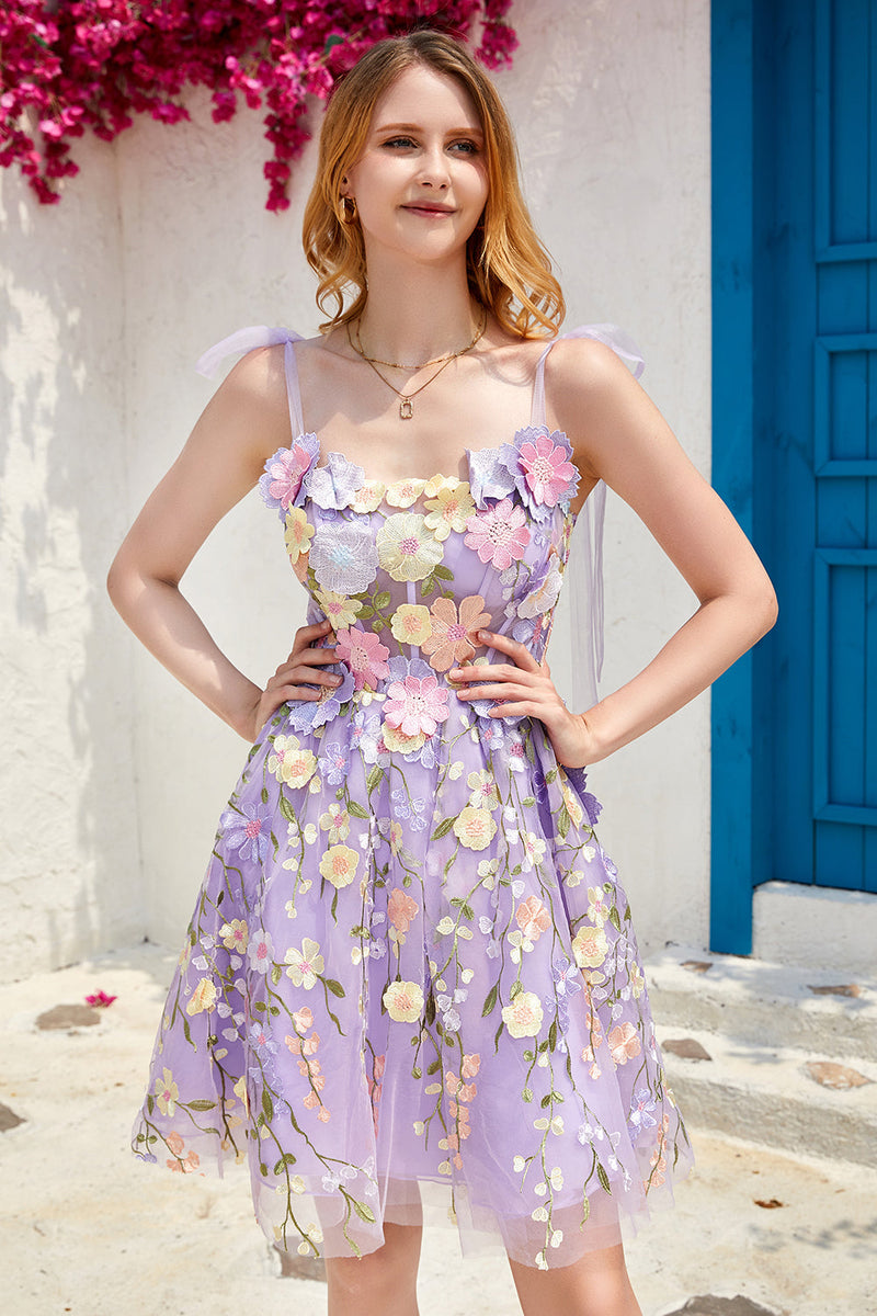 Load image into Gallery viewer, Purple Cute Corset Short Formal Dress with 3D Flowers