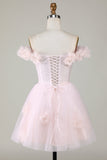 Cute A Line Off the Shoulder Pink Short Cocktail Dress with Flowers