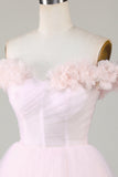 Cute A Line Off the Shoulder Pink Short Cocktail Dress with Flowers