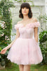 Load image into Gallery viewer, Pink Off the Shoulder Corset Short Formal Dress With Flowers