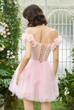 Pink Off the Shoulder Corset Short Formal Dress With Flowers