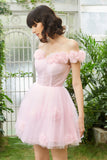 Pink Off the Shoulder Corset Short Formal Dress With Flowers