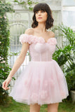 Pink Off the Shoulder Corset Short Formal Dress With Flowers