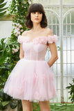 Pink Off the Shoulder Corset Short Formal Dress With Flowers