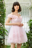 Pink Off the Shoulder Corset Short Formal Dress With Flowers