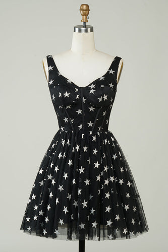 Cute A Line V Neck Black Tulle Short Formal Dress with Stars