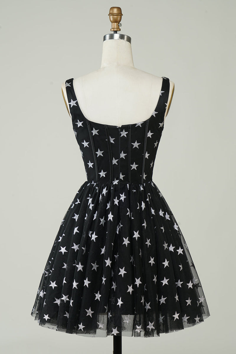 Load image into Gallery viewer, Cute A Line V Neck Black Tulle Short Formal Dress with Stars