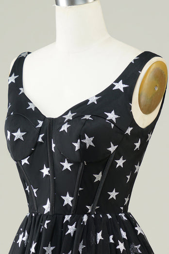 Cute A Line V Neck Black Tulle Short Formal Dress with Stars
