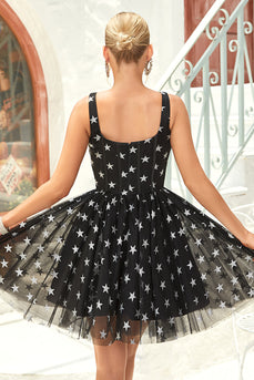 Black A Line Tulle Short Formal Dress with Stars