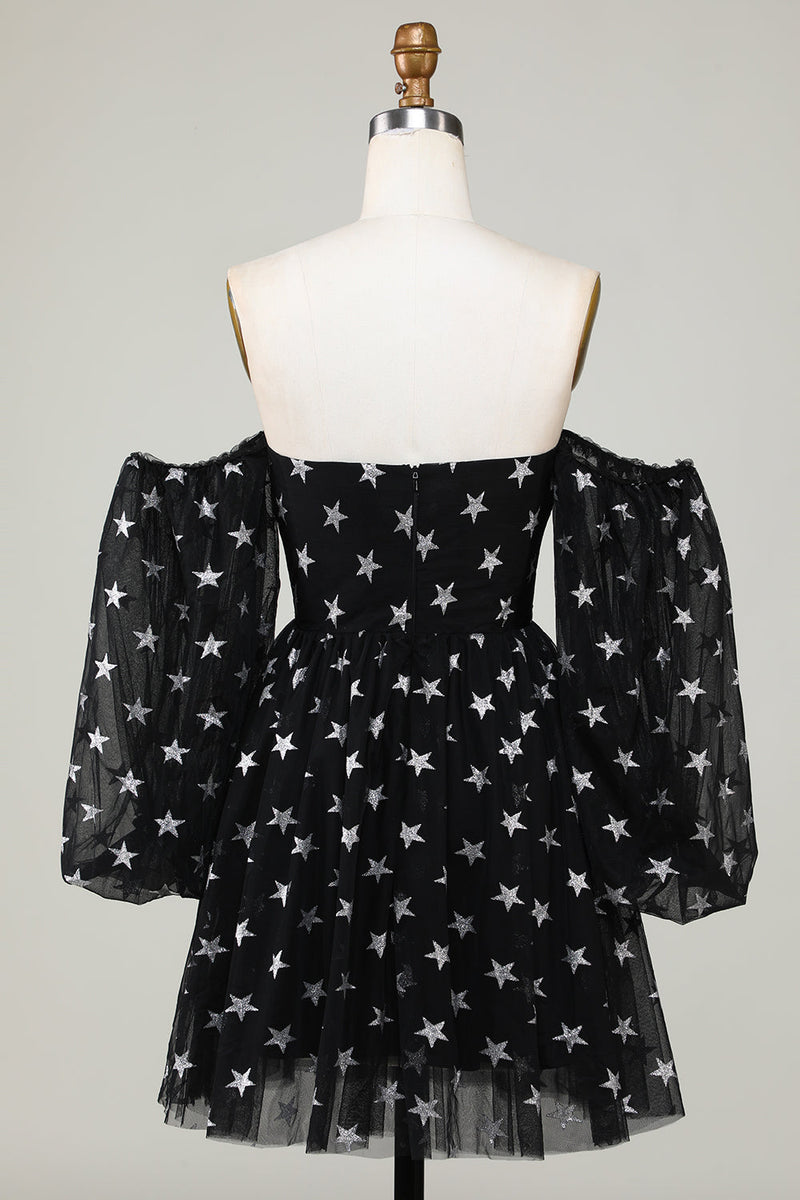 Load image into Gallery viewer, A Line Off the Shoulder Black Stars Short Formal Dress