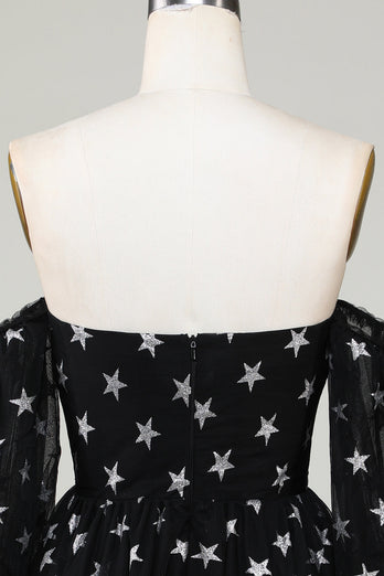 A Line Off the Shoulder Black Stars Short Formal Dress