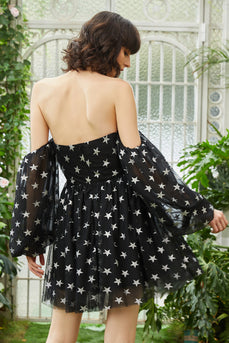 Black Off the Shoulder Stars Short Formal Dress with Detachable Sleeves