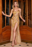 Stunning Mermaid Spaghetti Straps Golden Long Formal Dress with Split Front