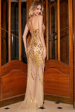 Stunning Mermaid Spaghetti Straps Golden Long Formal Dress with Split Front