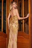 Stunning Mermaid Spaghetti Straps Golden Long Formal Dress with Split Front