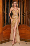 Stunning Mermaid Spaghetti Straps Golden Long Formal Dress with Split Front