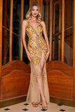 Stunning Mermaid Spaghetti Straps Golden Long Formal Dress with Split Front