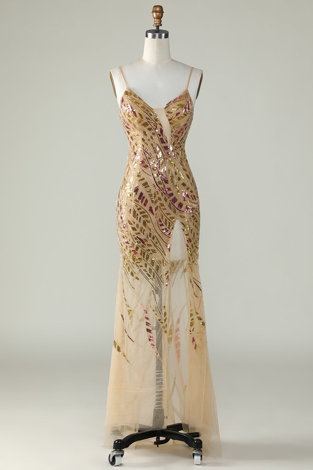 Bling Mermaid Spaghetti Straps Golden Sequins Long Formal Dress with Split Front