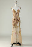 Bling Mermaid Spaghetti Straps Golden Sequins Long Formal Dress with Split Front