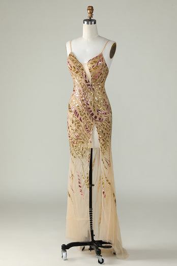 Bling Mermaid Spaghetti Straps Golden Sequins Long Formal Dress with Split Front