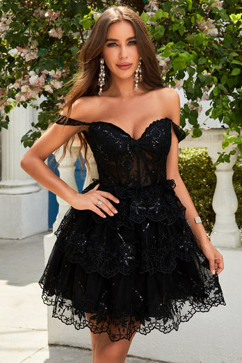 Cute A Line Dark Blue Corset Tiered Short Formal Dress with Lace