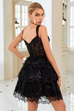 Cute A Line Black Corset Tiered Short Formal Dress with Lace