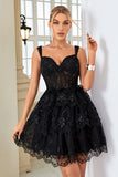 Cute A Line Dark Blue Corset Tiered Short Formal Dress with Lace