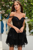 Cute A Line Black Corset Tiered Short Formal Dress with Lace