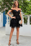 Cute A Line Black Corset Tiered Short Formal Dress with Lace