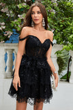 Cute A Line Black Corset Tiered Short Formal Dress with Lace