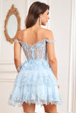 Cute A Line Dark Blue Corset Tiered Short Formal Dress with Lace