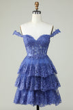 Cute A Line Dark Blue Corset Tiered Short Formal Dress with Lace