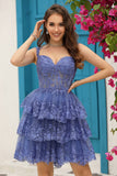 Sparkly Dark Blue Corset Tiered Short Formal Dress with Lace