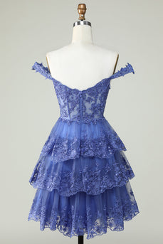 Cute A Line Dark Blue Corset Tiered Short Formal Dress with Lace