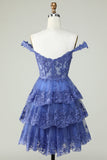 Cute A Line Dark Blue Corset Tiered Short Formal Dress with Lace