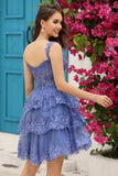 Sparkly Dark Blue Corset Tiered Short Formal Dress with Lace