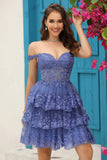 Cute A Line Off the Shoulder Pink Corset Short Formal Dress with Lace