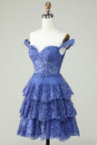 Cute A Line Dark Blue Corset Tiered Short Formal Dress with Lace