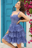 Sparkly Dark Blue Corset Tiered Short Formal Dress with Lace