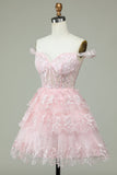 Cute A Line Off the Shoulder Pink Corset Short Formal Dress with Lace