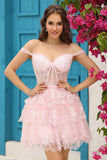 Princess A Line White Corset Tiered Short Formal Dress with Lace