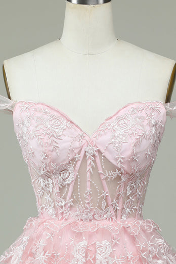 Cute A Line Off the Shoulder Pink Corset Short Formal Dress with Lace