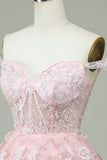 Cute A Line Off the Shoulder Pink Corset Short Formal Dress with Lace