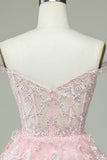 Cute A Line Off the Shoulder Pink Corset Short Formal Dress with Lace