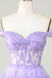 Princess A Line Purple Corset Tiered Short Homecoming Dress with Lace