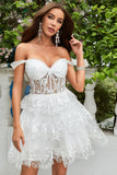 Princess A Line White Corset Tiered Short Formal Dress with Lace