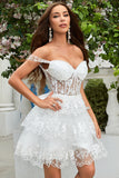 Princess A Line White Corset Tiered Short Formal Dress with Lace